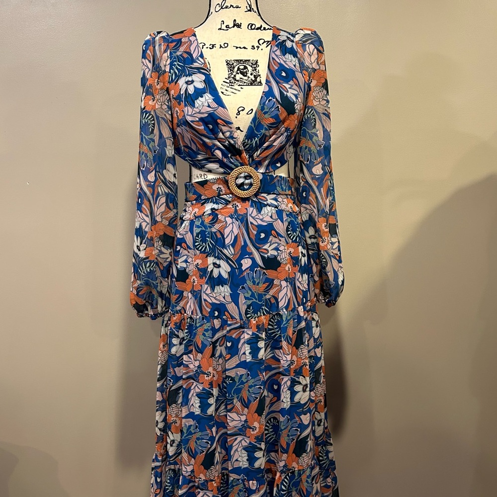 Gianni Bini Lillian Floral Print Deep V-Neck Cut-Out Tiered A-Line Dress - Picture 14 of 16